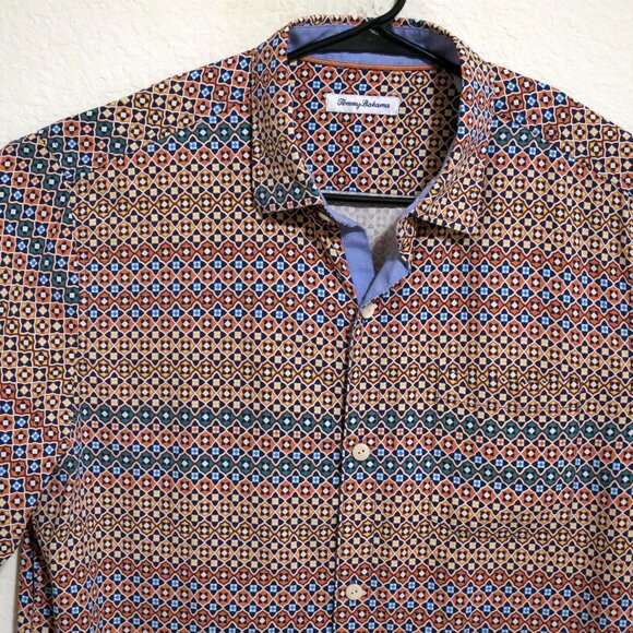 Tommy Bahama Shirt Mens Large Short Sleeve Button Silk Orange Yellow Stars - Picture 1 of 7